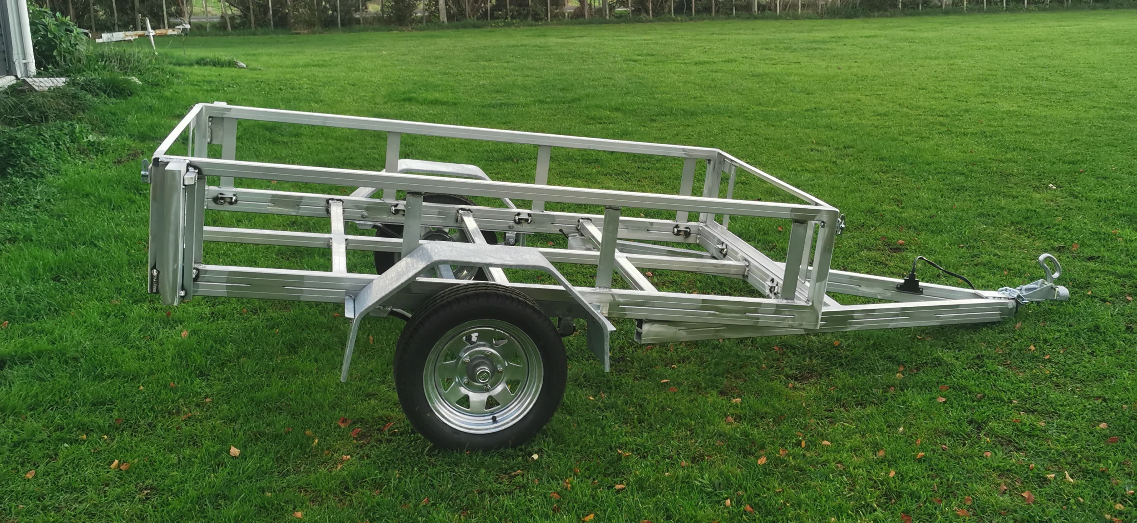 Aluminium trailer frame on the grass, ready for panelling